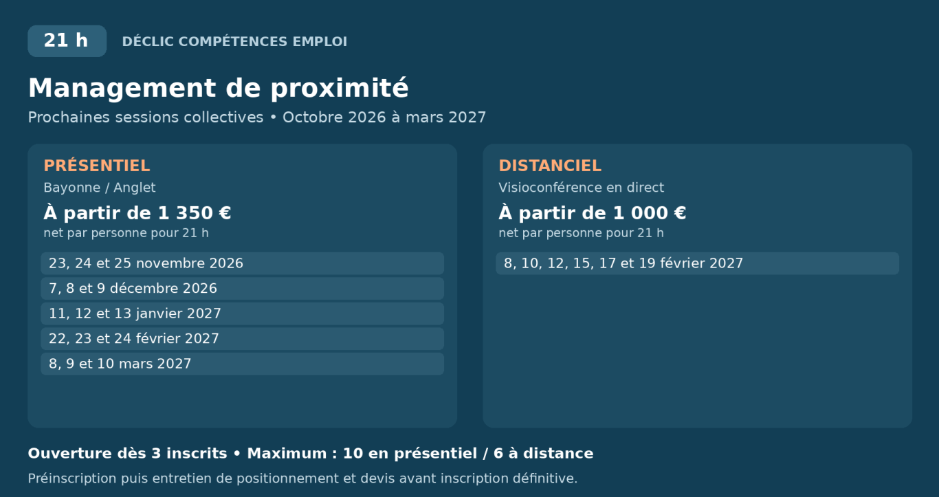Calendrier management – 21 h Calendrier management – 21 h. Présentiel : 23, 24 et 25 novembre 2026 ; 7, 8 et 9 décembre 2026 ; 11, 12 et 13 janvier 2027 ; 22, 23 et 24 février 2027 ; 8, 9 et 10 mars 2027. Distanciel : 8, 10, 12, 15, 17 et 19 février 2027.